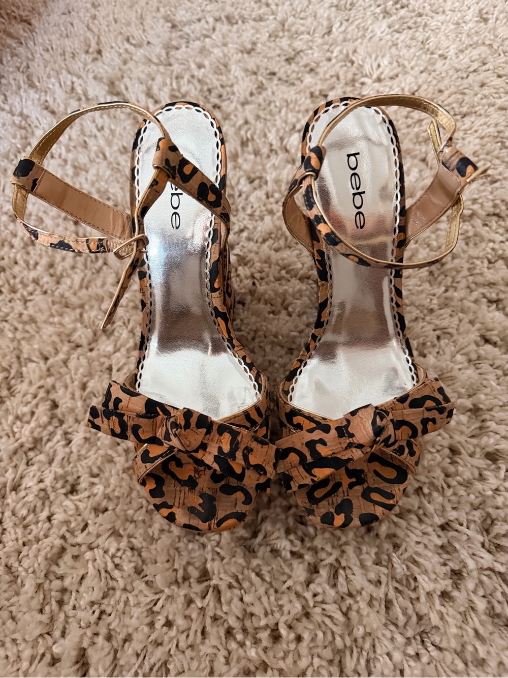 bebe Leopard-Print Bow Wedge Sandals in Brown and Black